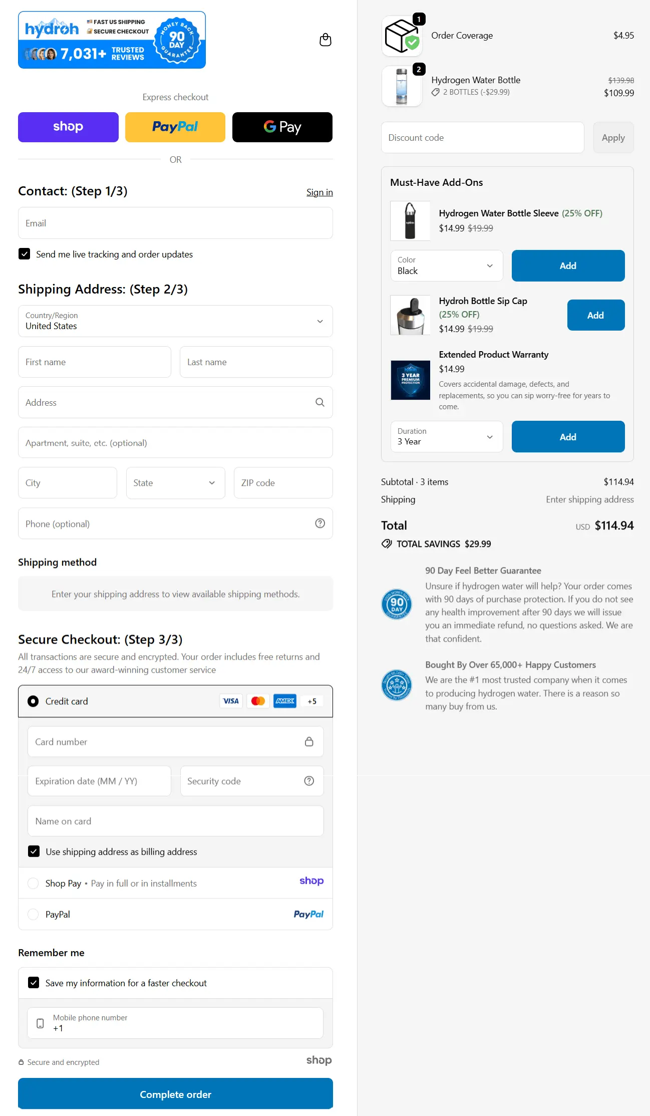 hydroh secure checkout page